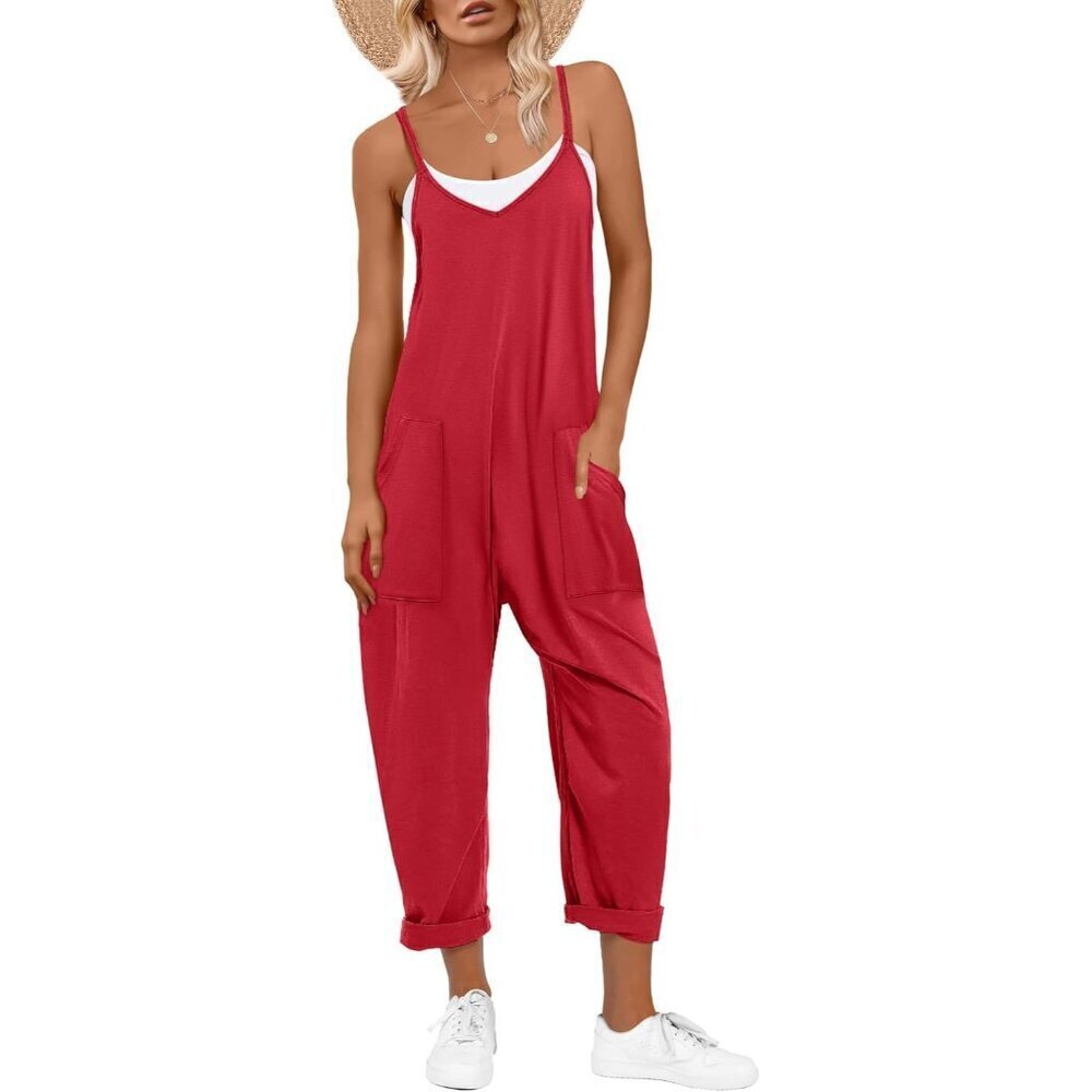 Women Bright Red Casual Summer Overall Sleeveless Spaghetti Strap Romper Jumper